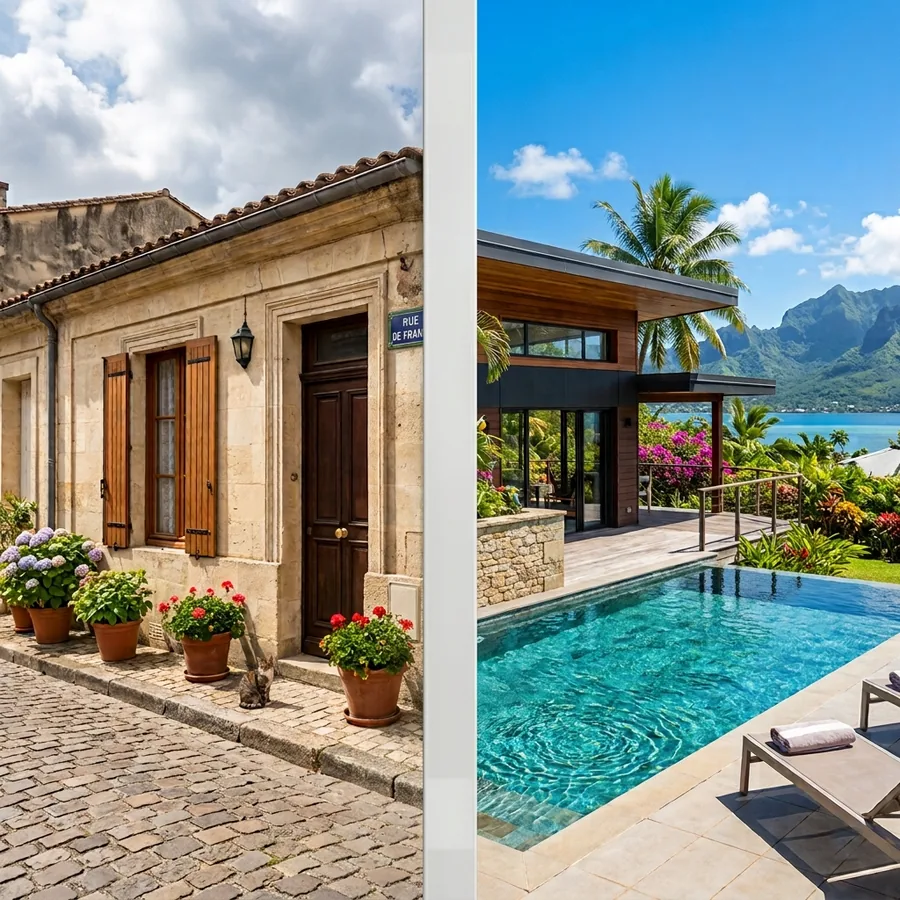 Une maison de village en pierre en métropole et une villa moderne avec piscine face au lagon en Polynésie, côte à côte