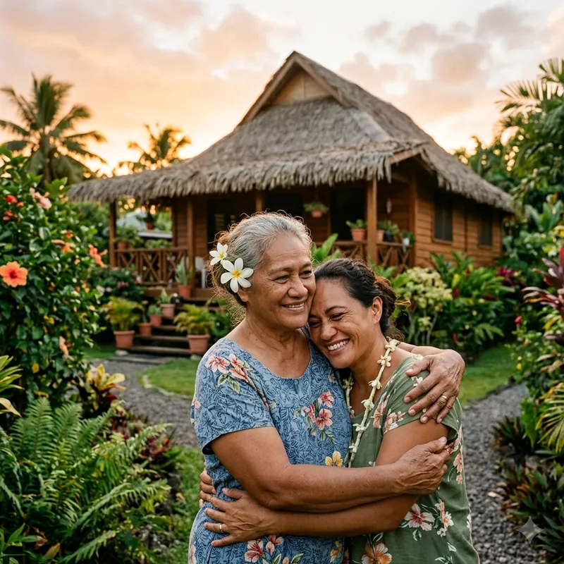 Deux femmes d'une même famille s'enlacent en souriant devant leur fare polynésien au coucher du soleil