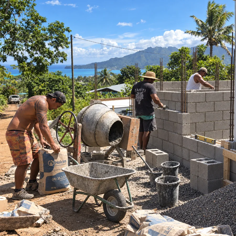 Un chantier de maison en parpaings à Tahiti : trois ouvriers, une bétonnière et une brouette, avec le lagon et la montagne en arrière-plan