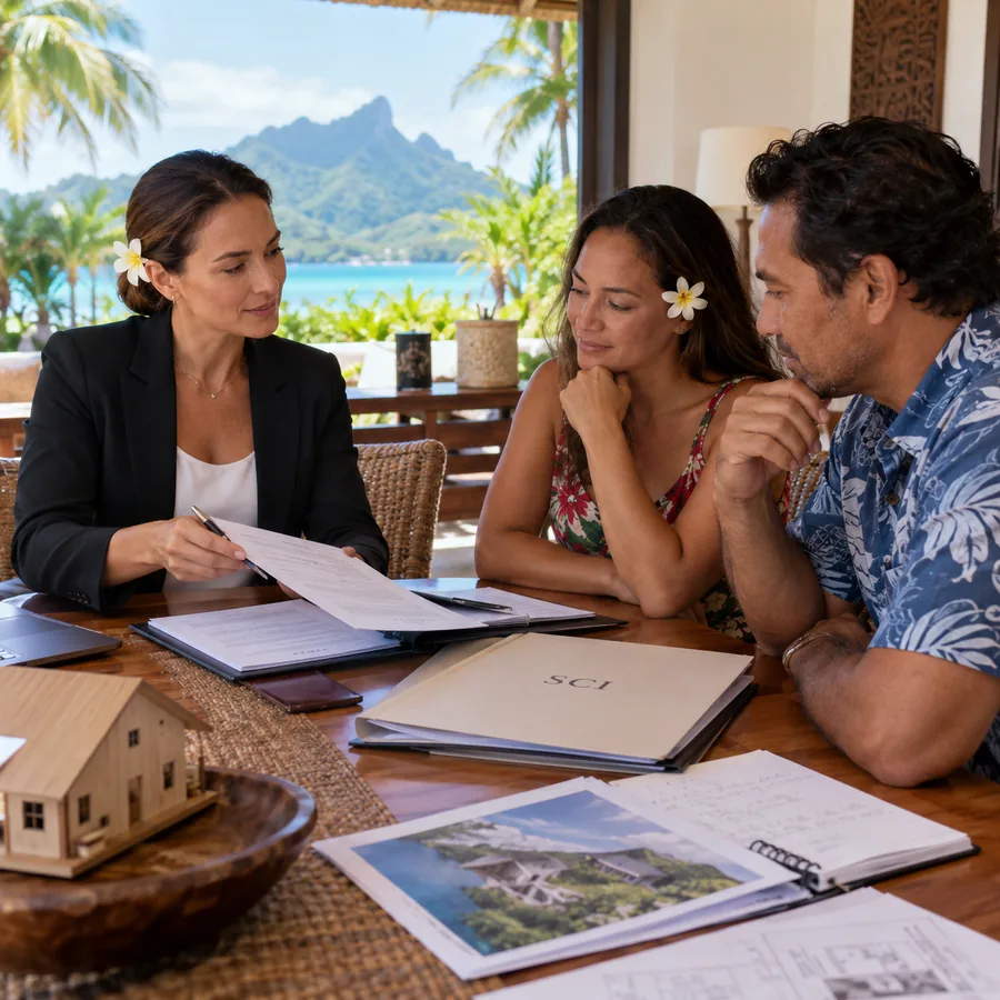 Une conseillère immobilier explique un dossier SCI à un couple polynésien, autour d'une table en bois face au lagon, avec une maquette de maison et des plans