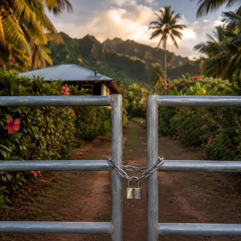 Un portail métallique fermé par une chaîne et un cadenas, barrant un chemin de terre qui mène à un fare au pied des montagnes