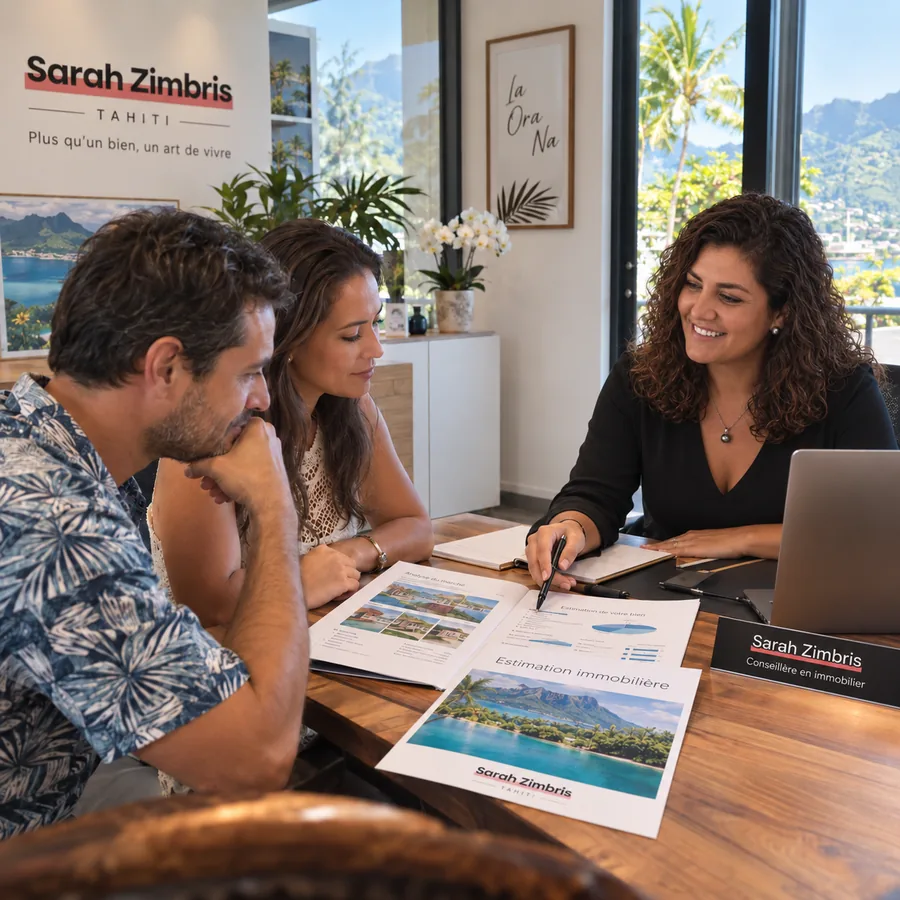 Sarah Zimbris présente à un couple l'analyse de marché de leur maison, documents d'estimation posés sur la table