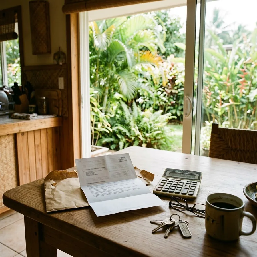 Une lettre d'impôt foncier, une calculatrice et un café sur une table en bois, vue sur un jardin tropical polynésien