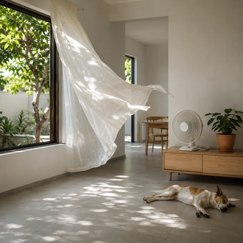 Un intérieur lumineux avec un rideau qui vole dans la brise, un ventilateur et un chien qui dort au frais