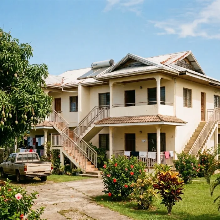 Une maison polynésienne à étage divisée en plusieurs appartements, avec escaliers extérieurs, linge qui sèche et jardin tropical