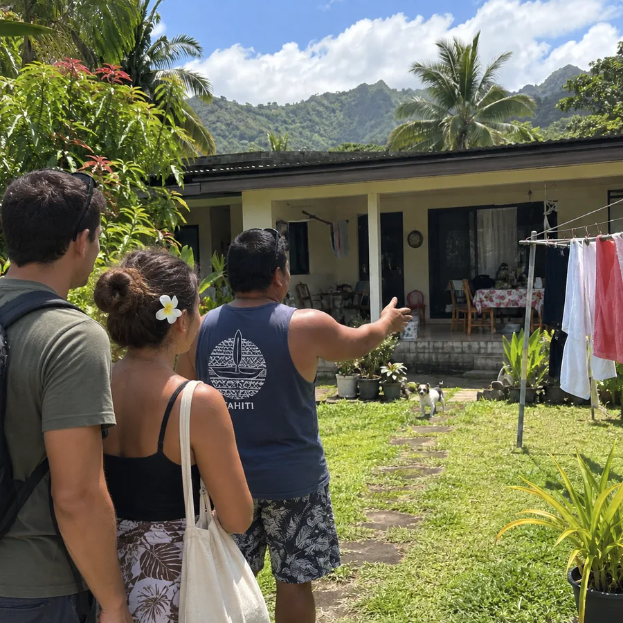 Un propriétaire polynésien fait visiter sa maison à un couple d'acheteurs, dans un jardin tropical au pied de la montagne