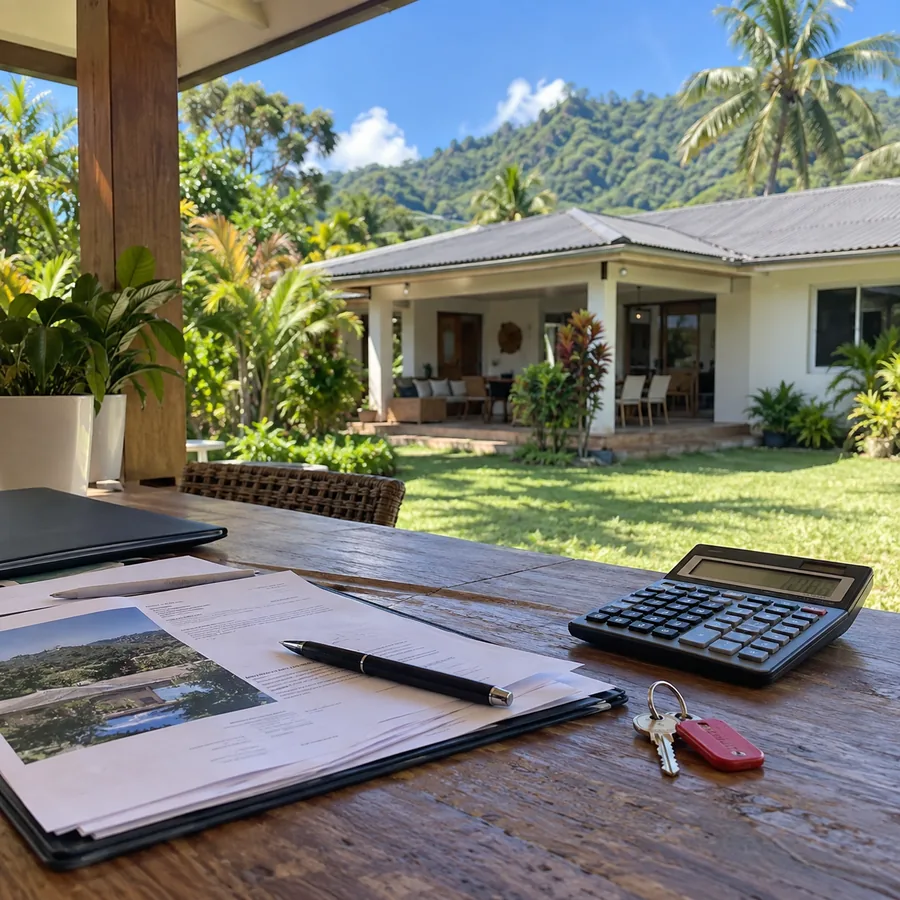 Un dossier de vente, une calculatrice et des clés sur une table en bois, devant une maison polynésienne et son jardin tropical