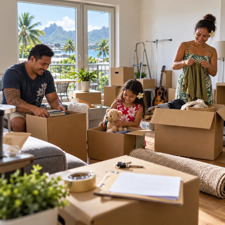 Une famille polynésienne prépare ses cartons de déménagement dans un appartement lumineux, clés et bail posés sur un carton