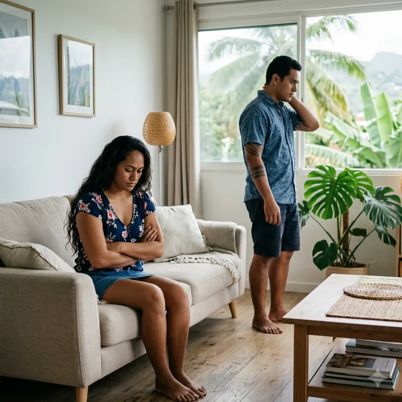 Un couple en tension dans leur salon, la femme assise bras croisés, l'homme debout regardant par la fenêtre sur un jardin tropical