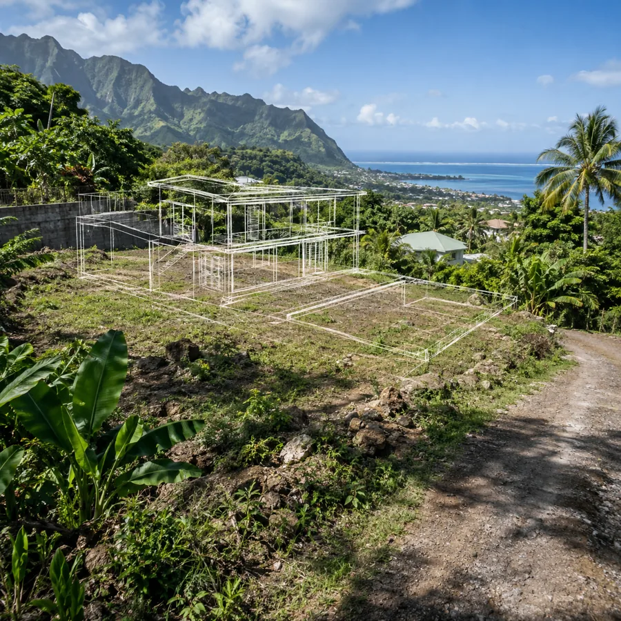 Un terrain en pente dégagé au-dessus du lagon, avec le tracé en fil blanc d'une future maison et de sa piscine, entre montagne et chemin de terre