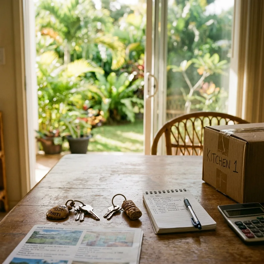 Clés et carnet sur une table de terrasse