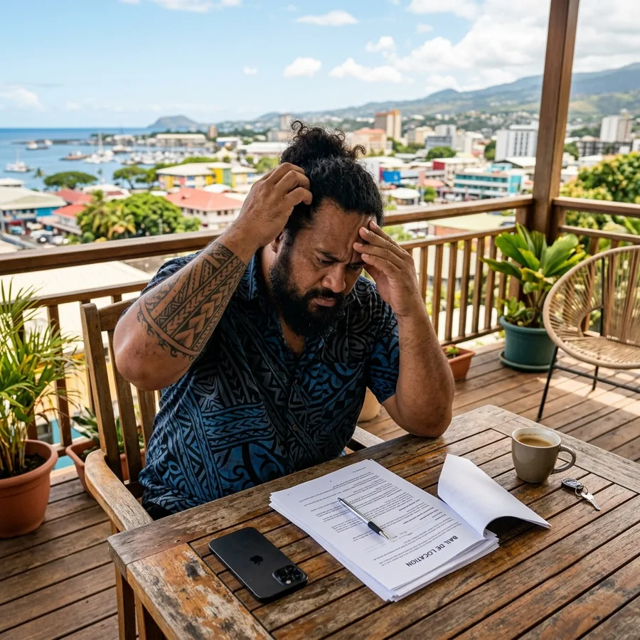Un propriétaire polynésien soucieux sur sa terrasse, un bail de location et des clés posés sur la table, vue sur Papeete et le lagon