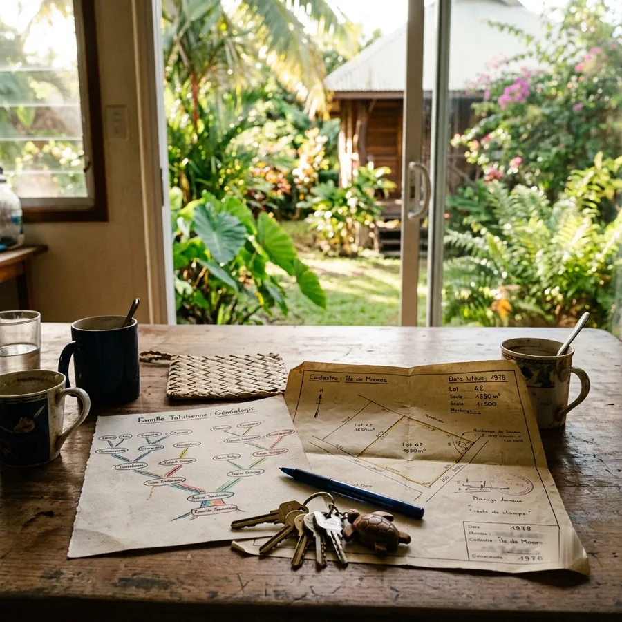 Un arbre généalogique d'une famille tahitienne et un plan cadastral de Moorea sur une table en bois, avec des clés et un porte-clés tortue, vue sur un jardin tropical
