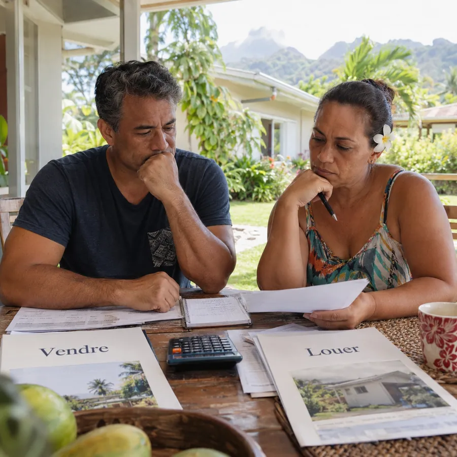 Un couple polynésien pensif à la table de la terrasse, entre deux feuilles « Vendre » et « Louer », une calculatrice et des papiers, devant le jardin et la montagne