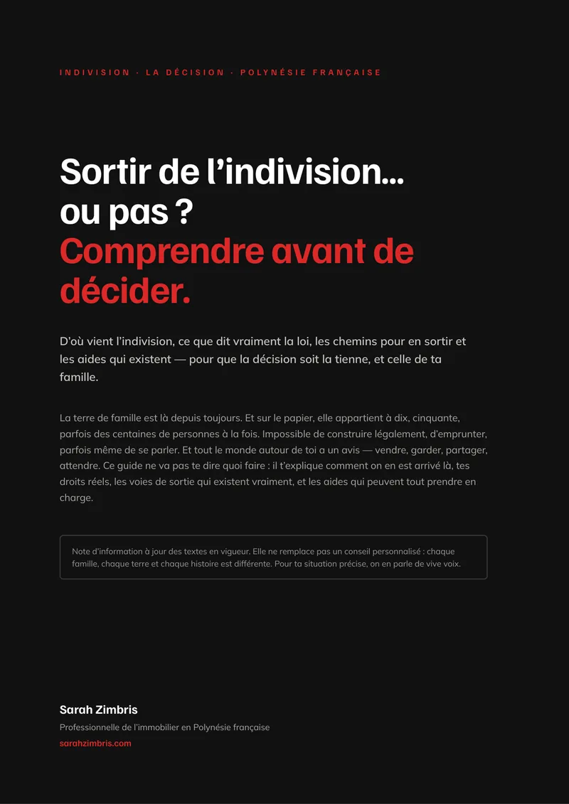 Couverture, Sortir de l'indivision ou pas · Guide indivision Polynésie française